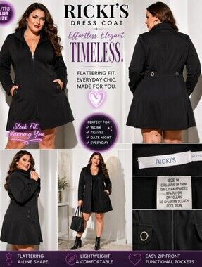 RICKI'S Black A-Line Zip Front Dress Coat